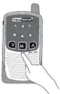 Hand holding a mobile phone with control buttons labeled V, M, A, and B