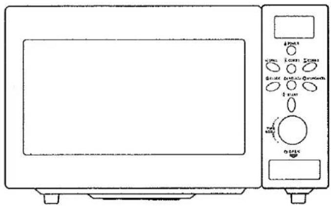Line drawing of a microwave oven with control panel and indicator lights labeled in English