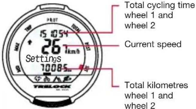 Total cycling time wheel 1 and wheel 2 Current speed Settings 70085 TRELOCK WD-1020 Total kilometres wheel 1 and wheel 2