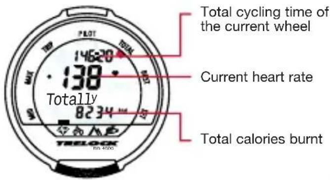 Total cycling time of the current wheel Current heart rate Totally 8234 mm Total calories burnt TBELOCK RR 4000