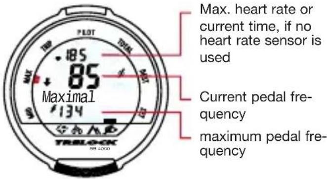 Max. heart rate or current time, if no heart rate sensor is used 85 Maximal 134 Current pedal fre- quency maximum pedal fre- quency TRISLOCK BB 4000