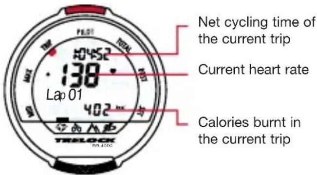 Net cycling time of the current trip Current heart rate Calories burnt in the current trip Lap 01 402.00 TRELOCK 89 4200