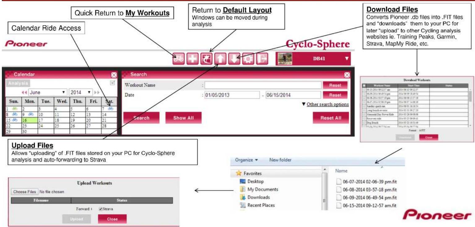 Quick Return to My Workouts Return to Default Layout Windows can be moved during analysis Download Files Converts Pioneer .db files into .FIT files and "downloads" them to your PC for later "upload" to other Cycling analysis websites ie. Training Peaks, Garmin, Strava, MapMy Ride, etc. Calendar Ride Access Pioneer Cyclo-Sphere DB41 Calendar Analysis June 2014 Search Workout Name : Date : 01/05/2013 - 06/15/2014 Reset Reset All Search Show All Download Workouts Workout Name Short Time Status 06-13-2014 08:12:57 pm 2014 08:12 08:12:57 06-09-2014 08:49:24 pm 2014 08:09 18:49:54 06-08-2014 08:57:31 pm 2014 08:09 15:57:18 06-07-2014 02:08:39 pm 2014 08:07 14:08:59 Sunday quick run 2014 08:03 16:08:54 Long touch movie 2014 03:31 09:27:20 Tomorrow Day Power Rail 2014 03:28 09:09:08 Tomorrow-day ride 2014 03:23 09:09:43 Dog Beach 2014 03:23 09:31:49 17:35-2014 09:37:56 pm Format : InTTT Upload Files Allows "uploading" of .FIT files stored on your PC for Cyclo-Sphere analysis and auto-forwarding to Strava Upload Workouts Choose Files No file chosen Filename Status Forward : Strava Upload Close Organize New folder Favorites Desktop My Documents Downloads Recent Places Name 06-07-2014 02-06-39 pm.fit 06-08-2014 03-57-18 pm.fit 06-09-2014 06-49-54 pm.fit 06-15-2014 09-12-57 am.fit