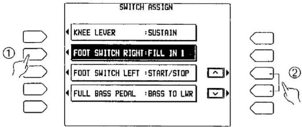 SWITCH ASSIGN KNEE LEVER :SUSTAIN FOOT SWITCH RIGHT:FILL IN 1 FOOT SWITCH LEFT :START/STOP FULL BASS PEDAL :BASS TO LWR