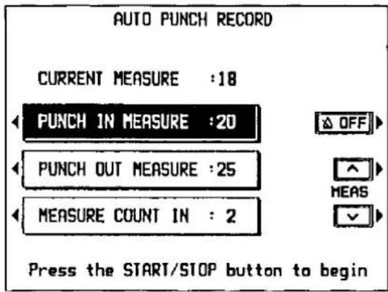 AUTO PUNCH RECORD CURRENT MEASURE :18 PUNCH IN MEASURE :20 PUNCH OUT MEASURE :25 MEASURE COUNT IN : 2 Press the START/STOP button to begin