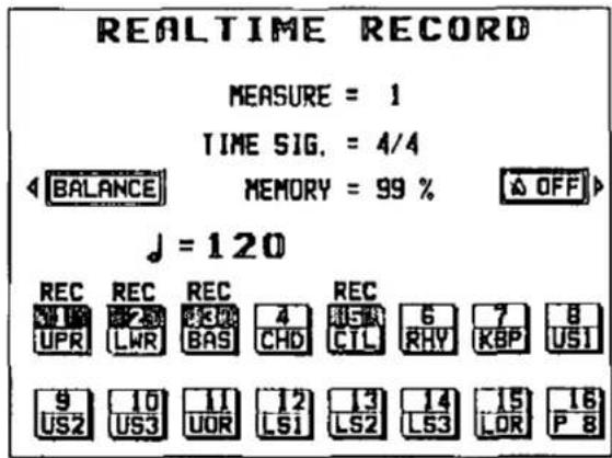 REALTIME RECORD MEASURE = 1 TIME SIG. = 4/4 ◄BALANCE MEMORY = 99 % △OFF► ♩ = 120 REC REC REC REC UPR LWR BAS CHD CTL RHY KBP USI 9 US2 10 US3 UOR LS1 LS2 LS3 LOR P 8