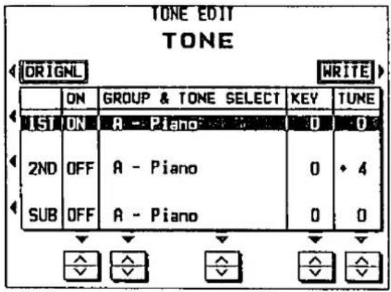 TONE EDIT TONE ORIGNL WRITE ON GROUP & TONE SELECT KEY TUNE 1ST ON A - Piano 0 0 2ND OFF A - Piano 0 + 4 SUB OFF A - Piano 0 0