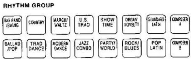 RHYTHM GROUP BIG BAND /SWING COUNTRY MARCH/ WALTZ U.S. TRAD SHOW TIME ORGAN NOVELTY STANDARD LATIN COMPOSER A BALLAD /POP TRAD DANCE MODERN DANCE JAZZ COMBO PARTY/ WORLD ROCKI BLUES POP LATIN COMPOSER B
