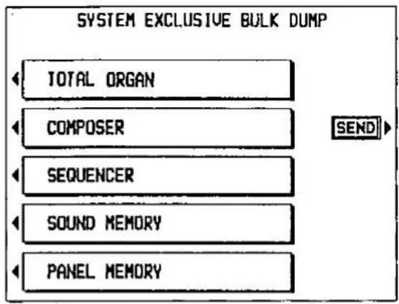 SYSTEM EXCLUSIVE BULK DUMP TOTAL ORGAN COMPOSER SEQUENCER SOUND MEMORY PANEL MEMORY SEND