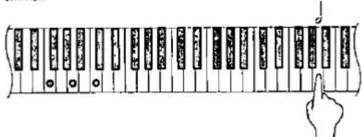 Diagram showing a hand pointing to a row of piano keys with labels and a vertical line above, likely illustrating a musical or keyboard layout.
