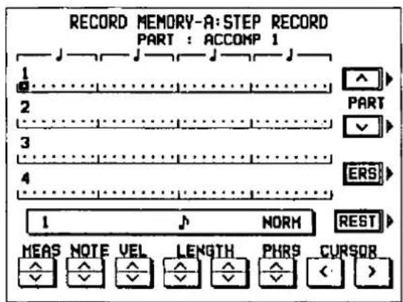 RECORD MEMORY-A: STEP RECORD PART : ACCOMP 1 1 2 3 4 PART ERS 1 NORM REST MEAS NOTE VEL LENGTH PHRS CURSOR