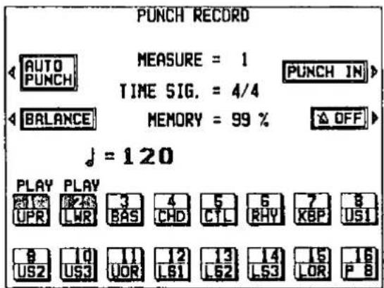 PUNCH RECORD AUTO MEASURE = 1 PUNCH IN PUNCH TIME SIG. = 4/4 BALANCE MEMORY = 99 % OFF ♩ = 120 PLAY PLAY UPR LWR BAS CHD CTL RHY KBP USI 8 US2 US3 UOR LS1 LS2 LS3 LOR P B