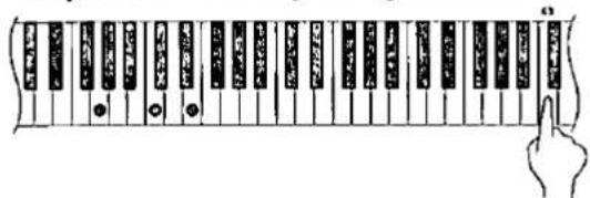 Diagram showing a hand pointing to a row of piano keys with labels and symbols, likely illustrating a musical or keyboard layout.