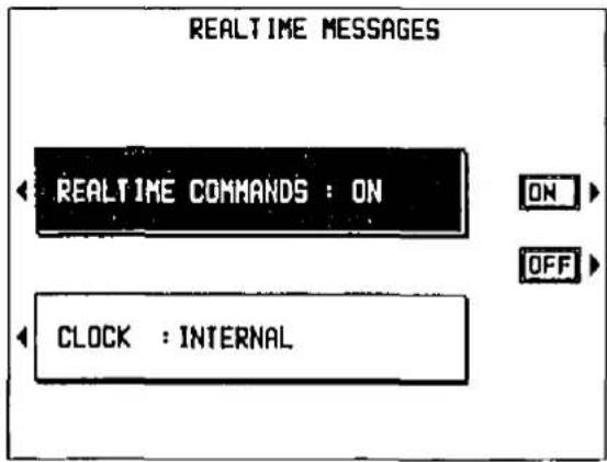 REALTIME MESSAGES REALTIME COMMANDS : ON CLOCK : INTERNAL ON OFF