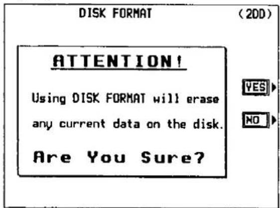 DISK FORMAT (20D) ATTENTION! Using DISK FORMAT will erase any current data on the disk. Are You Sure?