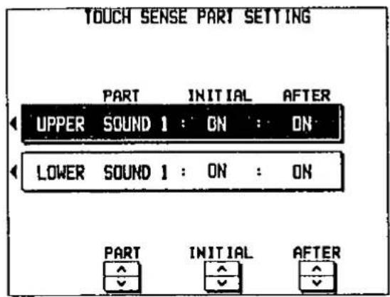 TOUCH SENSE PART SETTING PART INITIAL AFTER UPPER SOUND 1 : ON : ON LOWER SOUND 1 : ON : ON PART INITIAL AFTER