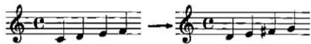 Musical notation with treble clef and notes, showing a melodic phrase in 2/4 time signature