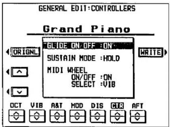 GENERAL EDIT:CONTROLLERS Grand Piano ORIGNL SUGDE ON/OFF ON SUSTAIN MODE :HOLD MIDI WHEEL ON/OFF :ON SELECT :VIB WRITE OCT VIB A&T MOD DIS CUR AFT