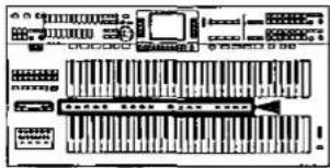 Scanned technical diagram of a music instrument with labeled parts and control buttons