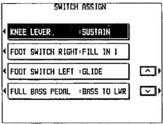 SWITCH ASSIGN KNEE LEVER. :SUSTAIN FOOT SWITCH RIGHT:FILL IN 1 FOOT SWITCH LEFT :GLIDE FULL BASS PEDAL :BASS TO LWR