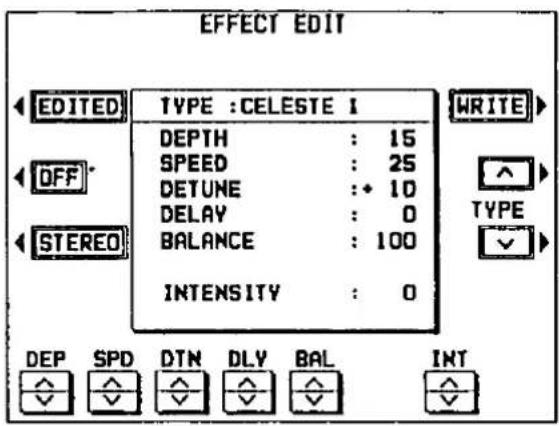 EFFECT EDIT EDITED TYPE :CELESTE I DEPTH : 15 SPEED : 25 DETUNE :+ 10 DELAY : 0 BALANCE : 100 INTENSITY : 0 WRITE OFF TYPE STEREO DEP SPD DTN DLY BAL INT