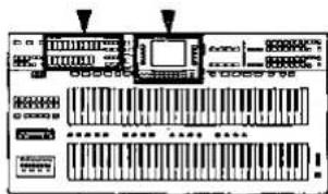 Diagram of a music instrument with labeled keys and control buttons, showing waveform and key connections.