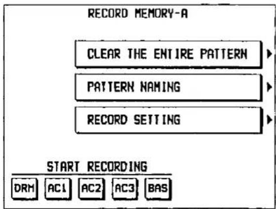 RECORD MEMORY-A CLEAR THE ENTIRE PATTERN PATTERN NAMING RECORD SETTING START RECORDING DRM AC1 AC2 AC3 BAS