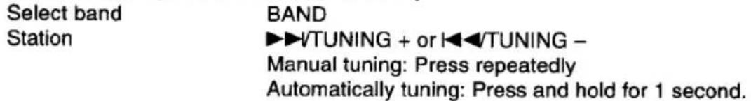 Select band Station BAND ►►VTUNING + or ►►VTUNING - Manual tuning: Press repeatedly Automatically tuning: Press and hold for 1 second.
