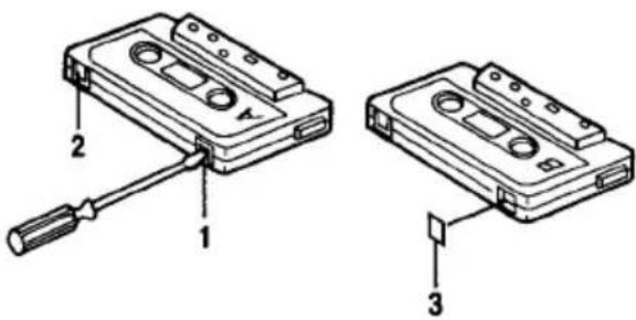 Technical diagram showing two labeled parts of a cassette tape device with numbered annotations