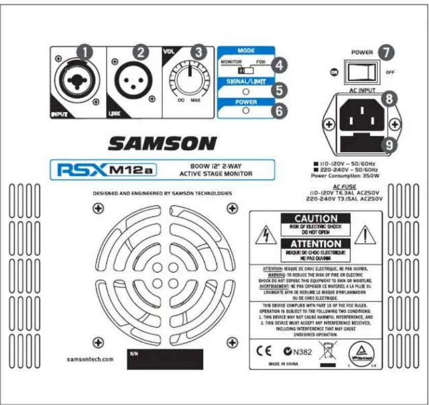SAMS RSXM12a 800W 12" 2-WAY ACTIVE STAGE MONITOR DESIGNED AND ENGINEERED BY SAMSON TECHNOLOGIES AC FUSE 110-120V - 50/60Hz 220-240V - 50/60Hz Power Consumption: 350W CAUTION RISK OF ELECTRIC SHOCK DO NOT OPEN ATTENTION BIQUE DE CHOC ELECTRIQUE ME PAS QUAVOUR ATTENTION: BISQUE DE CHOC ELECTRIQUE. NE PAS QUAVOUR, WARNING: TO REDUCE THE RISK OF FIRE OR ELECTRIC SHOCK DO NOT EXPOSE THIS EQUIPMENT TO RAIN OR MOISTURE. AVERITREMENT: NE PAS EXPOSER CE WATERLL A LA PULSE OU LTRUMENTE AFIN OR REDURE LE BISQUE D'APLANIMATION OU DE CHOC ELECTRIQUE. THIS DEVICE COMPLIES WITH PART IS OF THE FCC PLANS. OPERATION IS SUBJECT TO THE FOLLOWING TWO CONDITIONS: 1. THIS DEVICE MAY NOT CAUSE HAWFUL INTERFERENCE, AND 2. THIS DEVICE MUST ACCEPT ANY INTERFERENCE RECEIVED, INCLUDING INTERFERENCE THAT MAY CAUSE UNDISSED OPERATION. CE N382 MADE IN CHINA