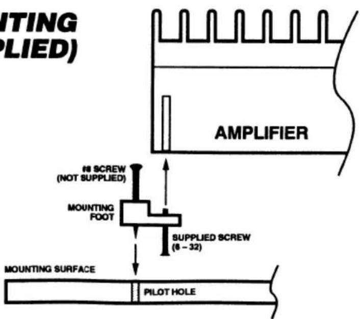 ITING PLIED) AMPLIFIER #8 SCREW (NOT SUPPLIED) MOUNTING FOOT SUPPLIED SCREW (8 - 32) MOUNTING SURFACE PILOT HOLE