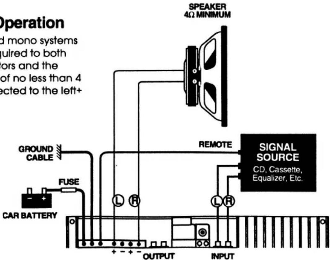 Operation and mono systems quired to both ors and the of no less than 4 ected to the left+ SPEAKER 4Ω MINIMUM GROUND CABLE FUSE CAR BATTERY REMOTE SIGNAL SOURCE CD, Cassette, Equalizer, Etc. OUTPUT INPUT