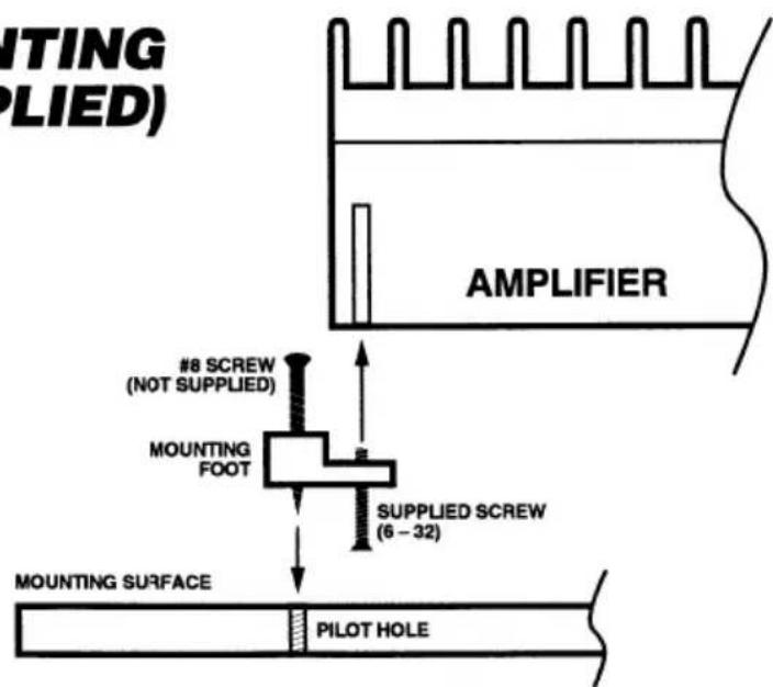 MITING (PLIED) AMPLIFIER #8 SCREW (NOT SUPPLIED) MOUNTING FOOT SUPPLIED SCREW (6 - 32) MOUNTING SURFACE PILOT HOLE