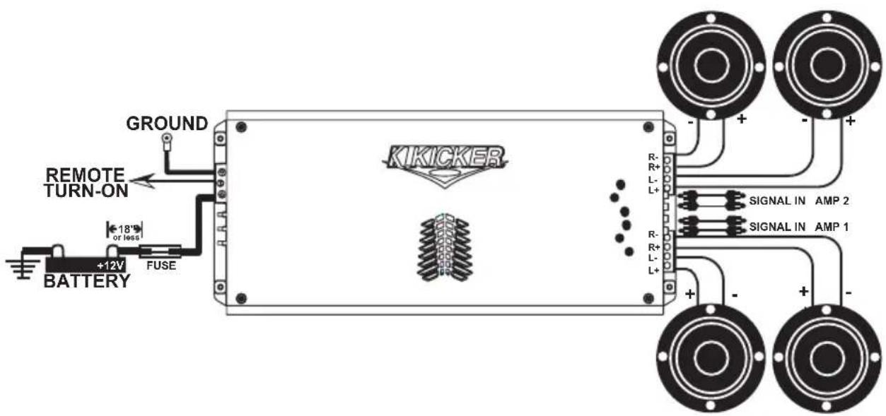 GROUND REMOTE TURN-ON +12V BATTERY FUSE KIKICKER R- R+ L- L+ R- R+ L- L+ SIGNAL IN AMP 2 SIGNAL IN AMP 1 + - + - -