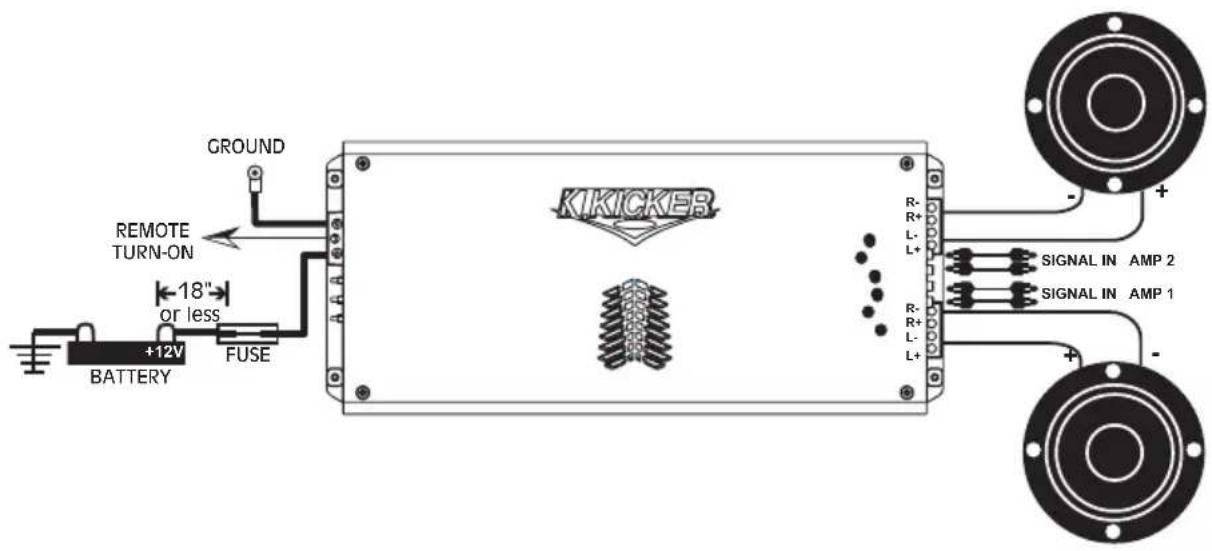GROUND REMOTE TURN-ON +12V BATTERY FUSE 18" or less KIKICKER R- R+ L- L+ R- R+ L- L+ SIGNAL IN AMP 2 SIGNAL IN AMP 1 +