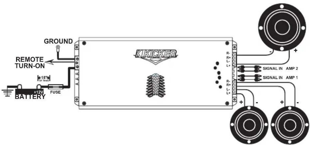 GROUND REMOTE TURN-ON +12V BATTERY FUSE KIKICKER R- R+ L- L+ R- R+ L- L+ - + SIGNAL IN AMP 2 SIGNAL IN AMP 1 + - + -