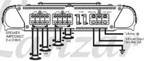 SPEAKER IMPEDANCE 2-4 OHMS CH1 CH2 CH3 To Battery © To Remote Output From Head Unit