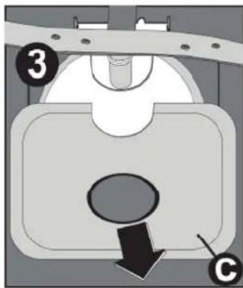 Diagram of a mechanical component with labeled parts and directional arrow, marked with numbers 3 and C.
