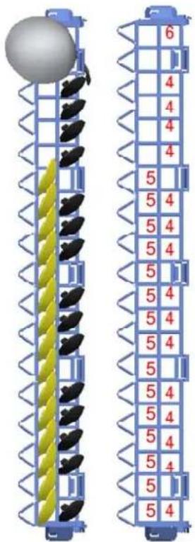 Diagram of a mechanical or electrical device with labeled components and numbered sections, showing a yellow spiral component and black blocks.