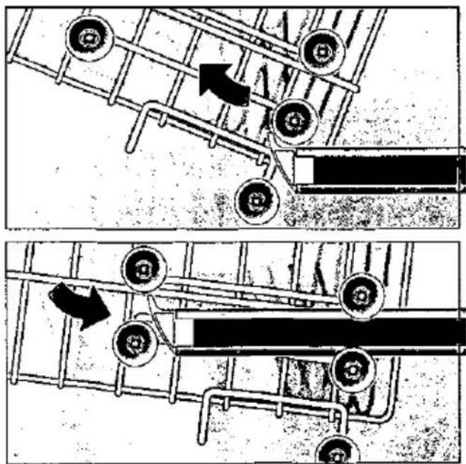 Technical diagram showing mechanical assembly with pulleys and directional arrows indicating motion or movement