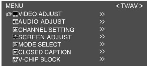 MENU VIDEO ADJUST >> AUDIO ADJUST >> CHANNEL SETTING >> SCREEN ADJUST >> MODE SELECT >> CLOSED CAPTION >> V-CHIP BLOCK >>