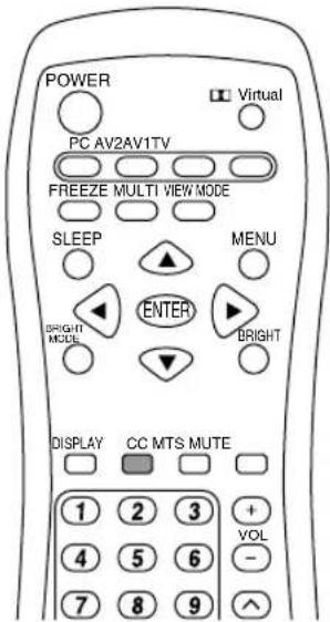 POWER Virtual PC AV2AV1TV FREEZE MULTI VIEW MODE SLEEP MENU BRIGHT MODE ENTER BRIGHT DISPLAY CC MTS MUTE 1 2 3 + 4 5 6 - 7 8 9