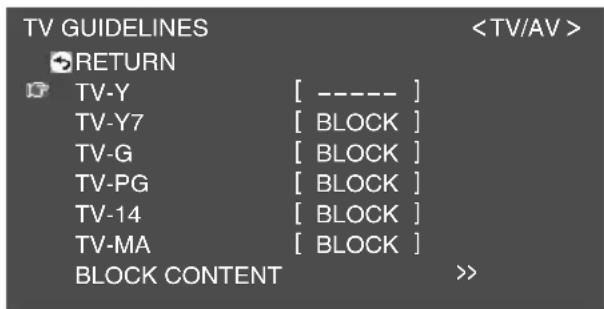 TV GUIDELINES RETURN TV-Y [ ---- ] TV-Y7 [ BLOCK ] TV-G [ BLOCK ] TV-PG [ BLOCK ] TV-14 [ BLOCK ] TV-MA [ BLOCK ] BLOCK CONTENT >>