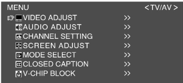 MENU VIDEO ADJUST >> AUDIO ADJUST >> CHANNEL SETTING >> SCREEN ADJUST >> MODE SELECT >> CLOSED CAPTION >> V-CHIP BLOCK >>