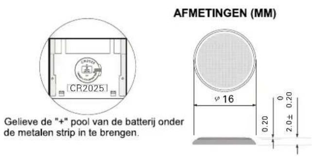 AFMETINGEN (MM) Gelieve de "+" pool van de batterij onder de metalen strip in te brengen. φ 16 0.20 0 0.20 2.0 ±