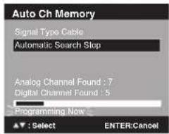 Auto Ch Memory Signal Type Cable Automatic Search Stop Analog Channel Found : 7 Digital Channel Found : 5 Programming Now Select ENTER:Cancel