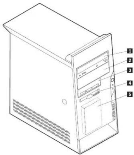 Technical diagram of a desktop computer case with numbered labels pointing to internal components