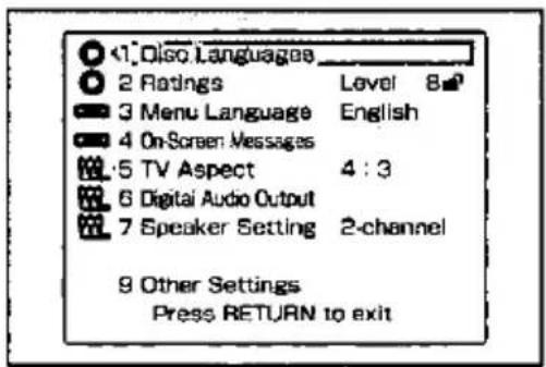 1. Disc Languages 2 Ratings Level 8# 3 Menu Language English 4 On-Screen Messages 5 TV Aspect 4:3 6 Digital Audio Output 7 Speaker Setting 2-channel 9 Other Settings Press RETURN to exit