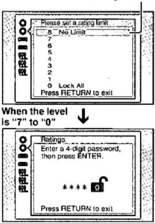 Please set a rating limit 8 No Limit 7 6 5 4 3 2 1 0 Lock All Press RETURN to exit When the level is "7" to "0" Ratings Enter a 4-digit password, then press ENTER. ***** Press RETURN to exit