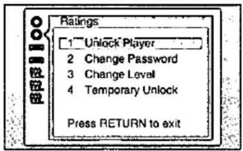 Ratings 1 Unlock Player 2 Change Password 3 Change Level 4 Temporary Unlock Press RETURN to exit